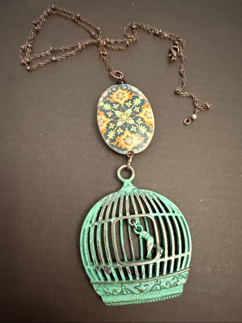 Vintage Looking Turquoise Birdcage Pendant Necklace with Floral Medallion Made